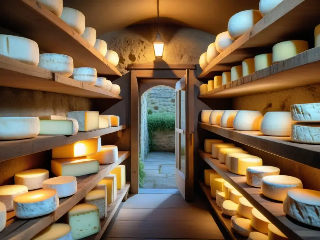 Un sótano francés tradicional con quesos Camembert, Roquefort y Brie envejeciendo, resaltando la artesanía de alimentos fermentados franceses salud