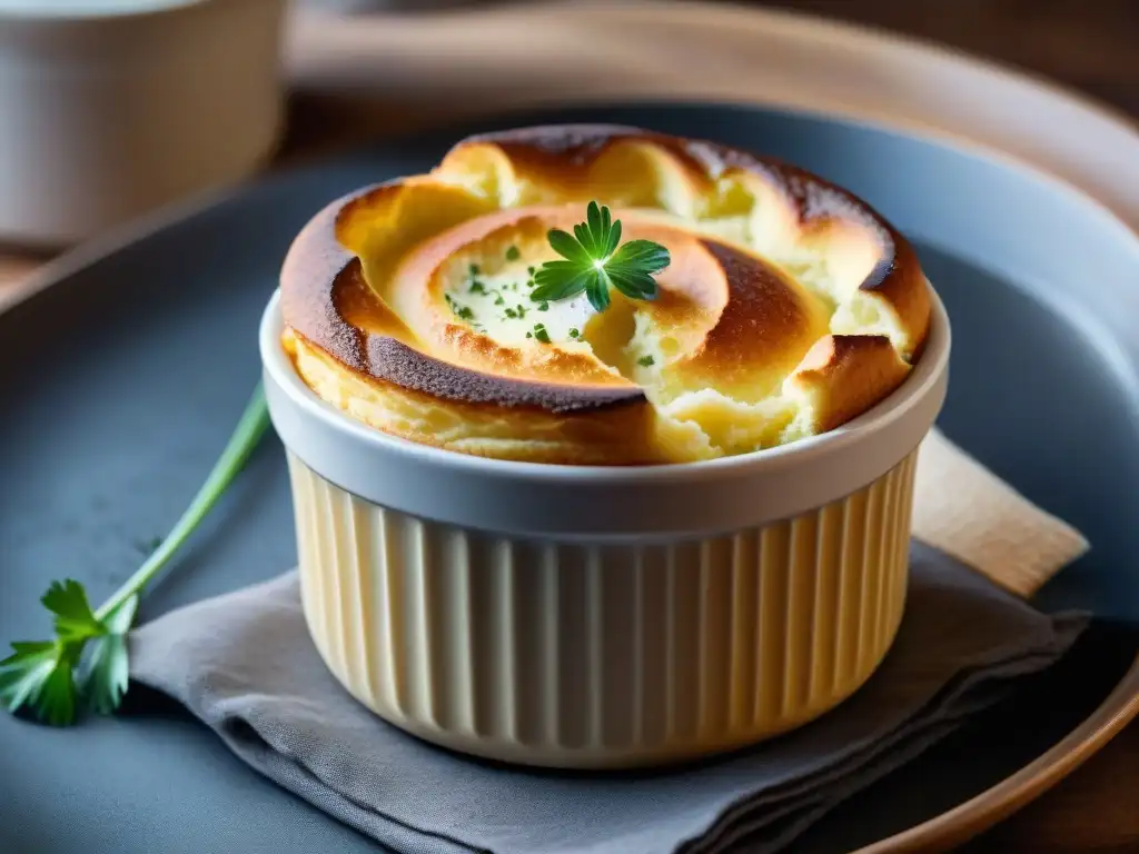 Un soufflé perfectamente dorado adornado con parmesano y cebollino, mostrando su textura aireada y corteza delicada