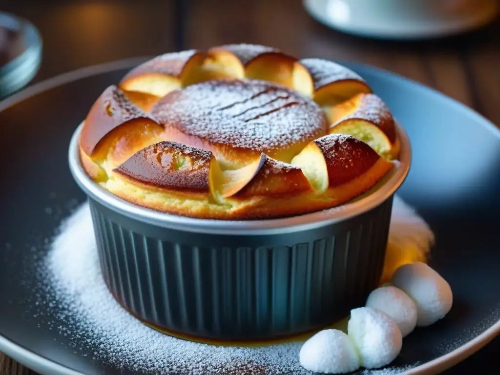 Un soufflé perfectamente dorado y esponjoso recién salido del horno, con textura y detalle impecables