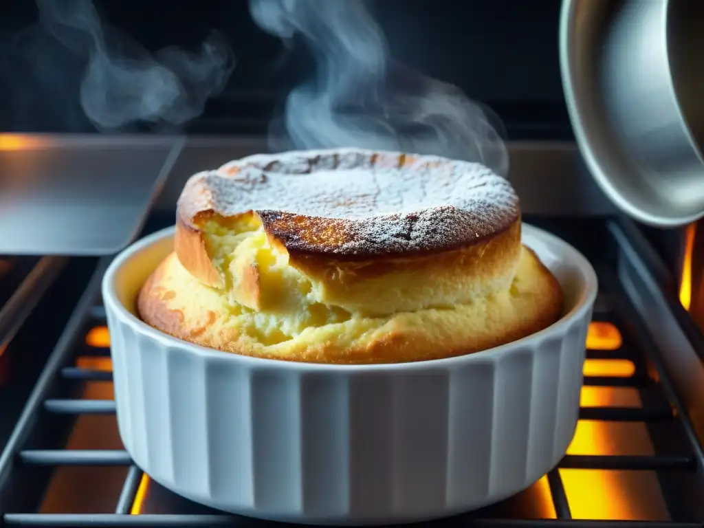 Un soufflé perfectamente dorado y esponjoso, recién salido del horno, revelando sus secretos de cocción