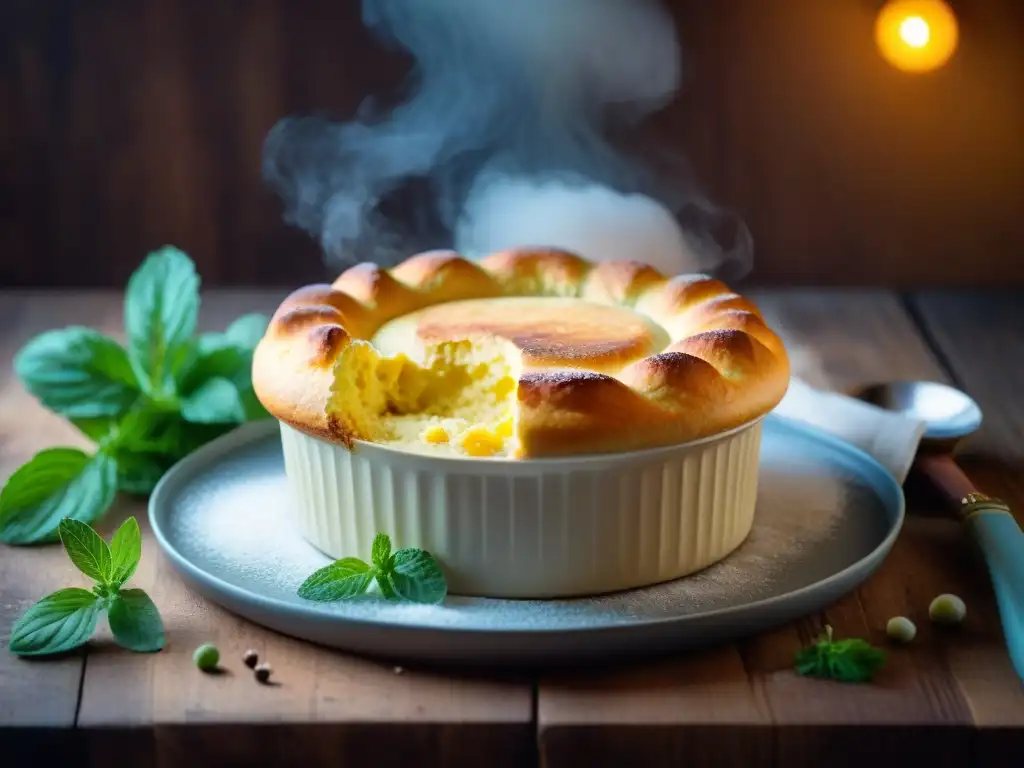 Un soufflé perfectamente dorado y esponjoso, rodeado de ingredientes frescos