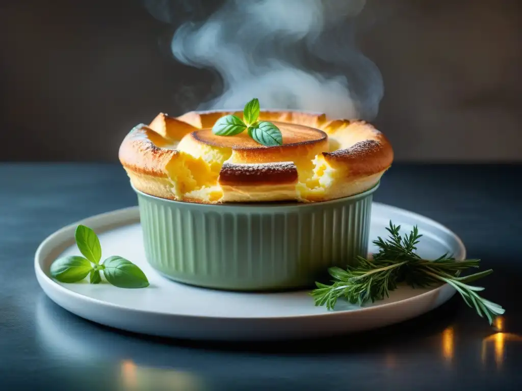 Un soufflé dorado recién horneado con textura esponjosa, destacando la maestría en su preparación