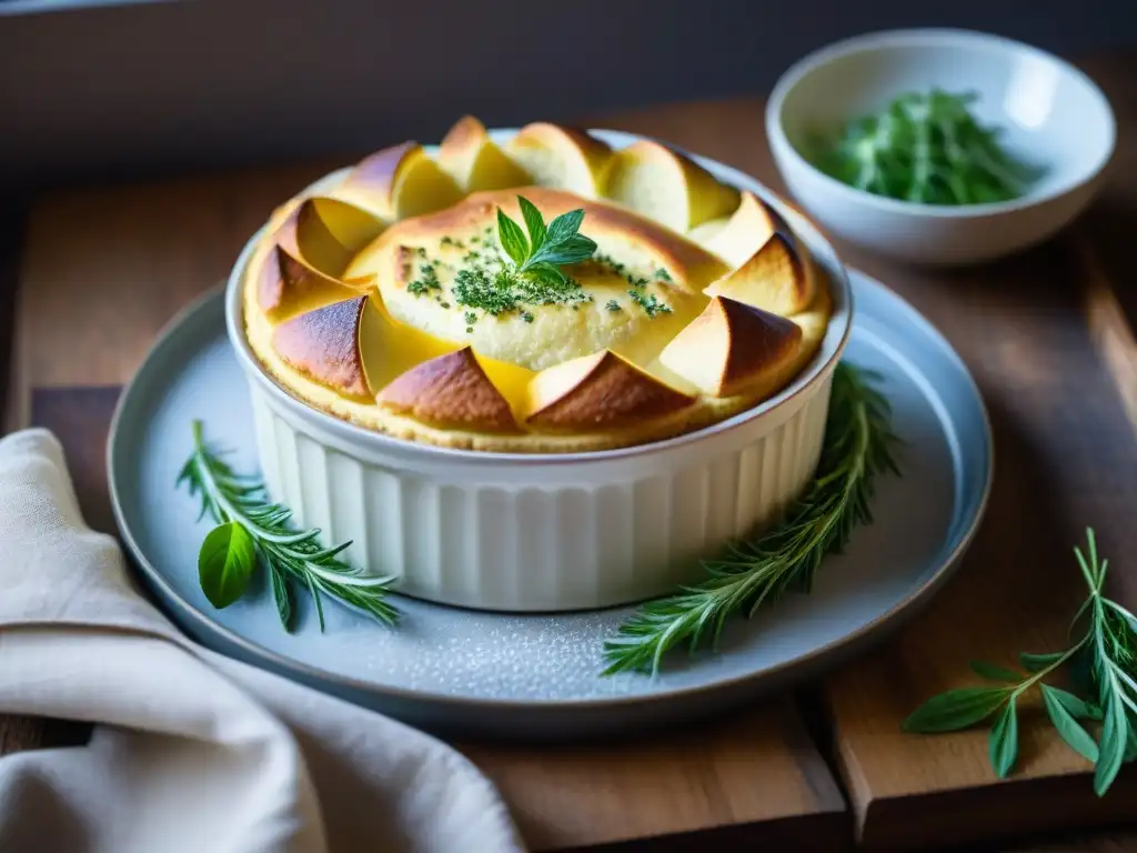 Soufflé vegano dorado sobre mesa rústica con hierbas frescas y libro de recetas francés