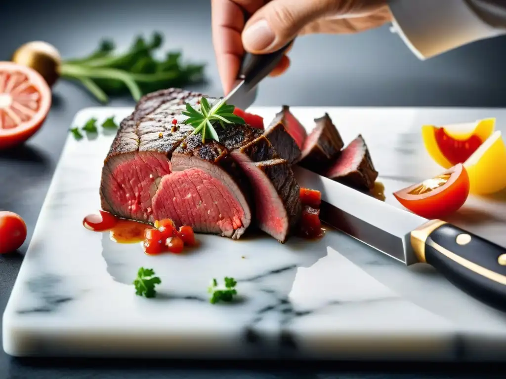 Preparar steak tartare en casa: Detalle de picar finamente solomillo fresco sobre tabla de mármol blanco con cuchillo de chef afilado