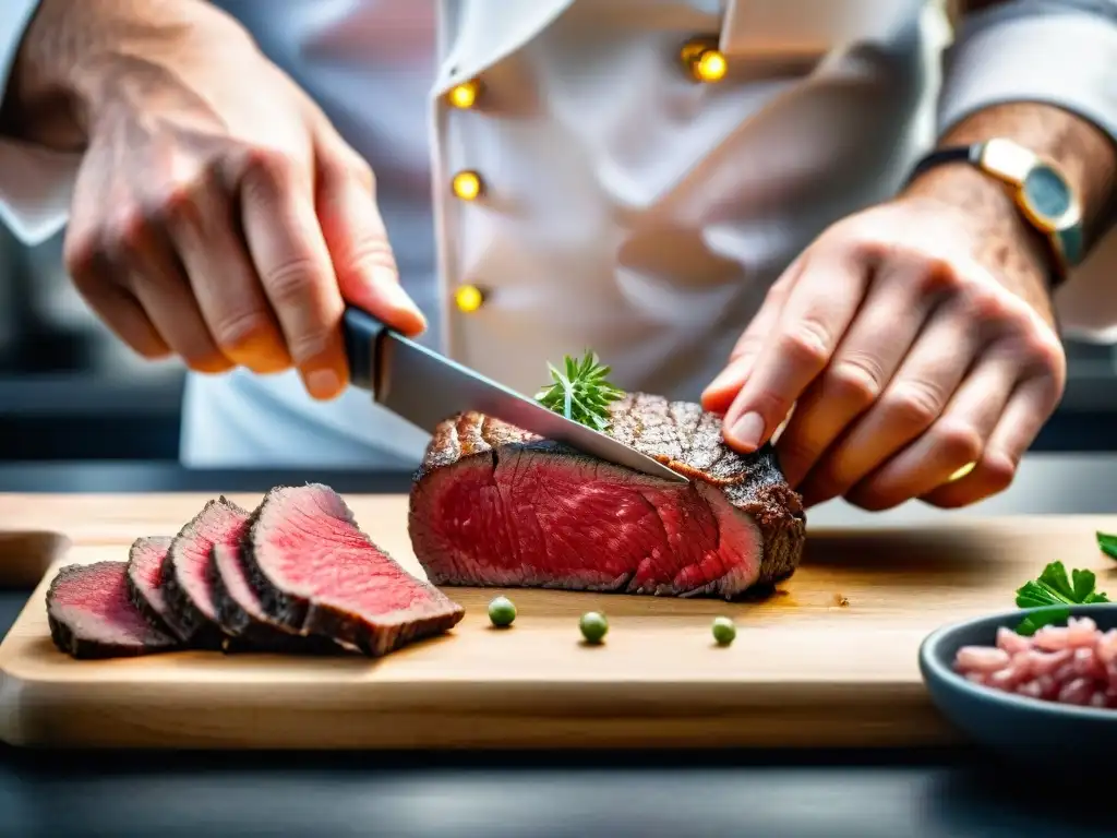 Preparar steak tartare en casa: Chef cortando con maestría un filete de ternera para mostrar su textura y marmoleado