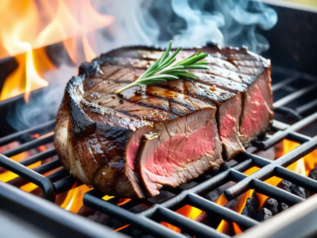 Un suculento filete a la parrilla con influencia francesa, perfectamente sellado y jugoso, adornado con mantequilla de hierbas y romero fresco