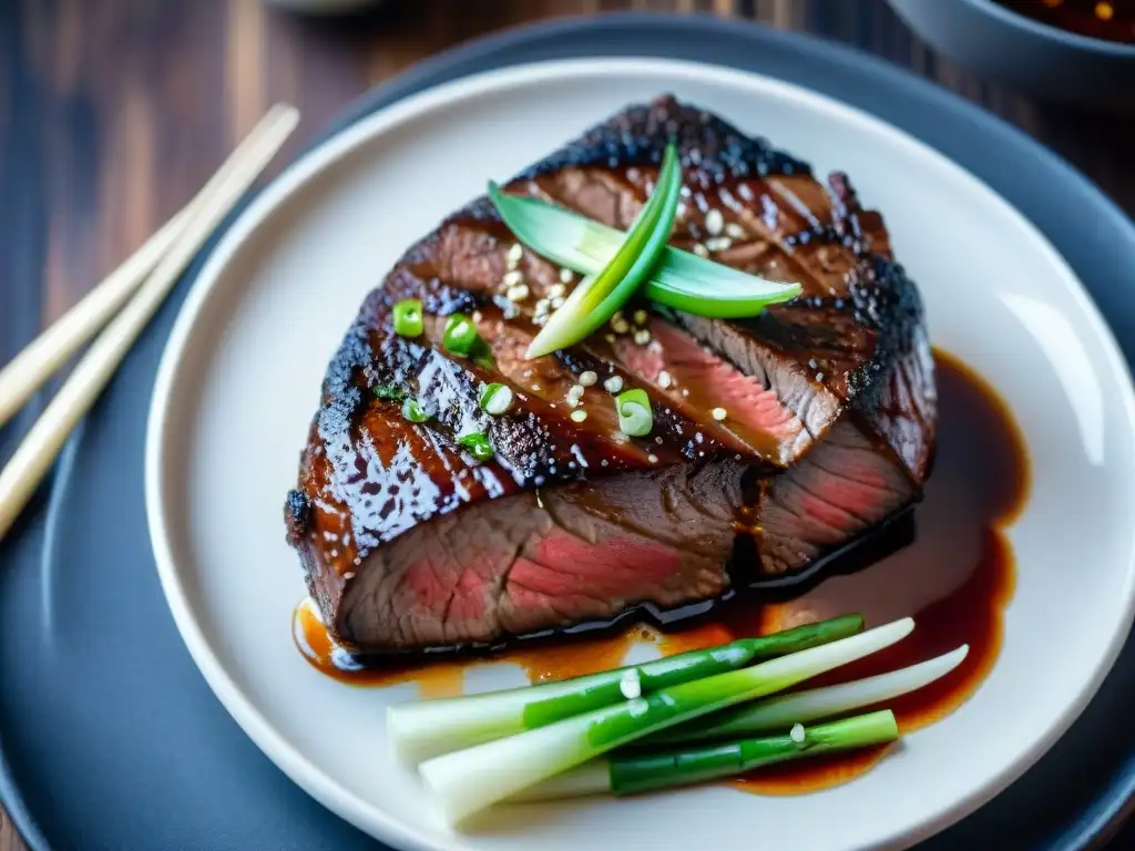 Un suculento filete a la parrilla con una salsa asiática brillante, decorado con semillas de sésamo y cebollino