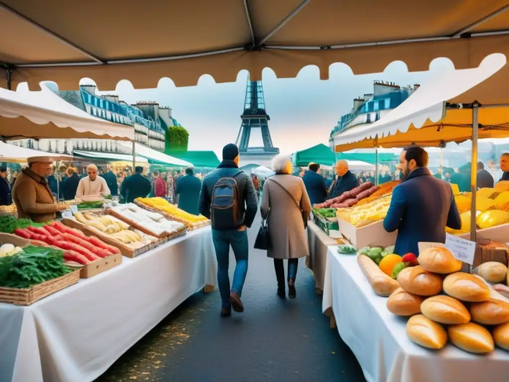 Sumérgete en la gastronomía francesa en casa con esta imagen de un bullicioso mercado parisino