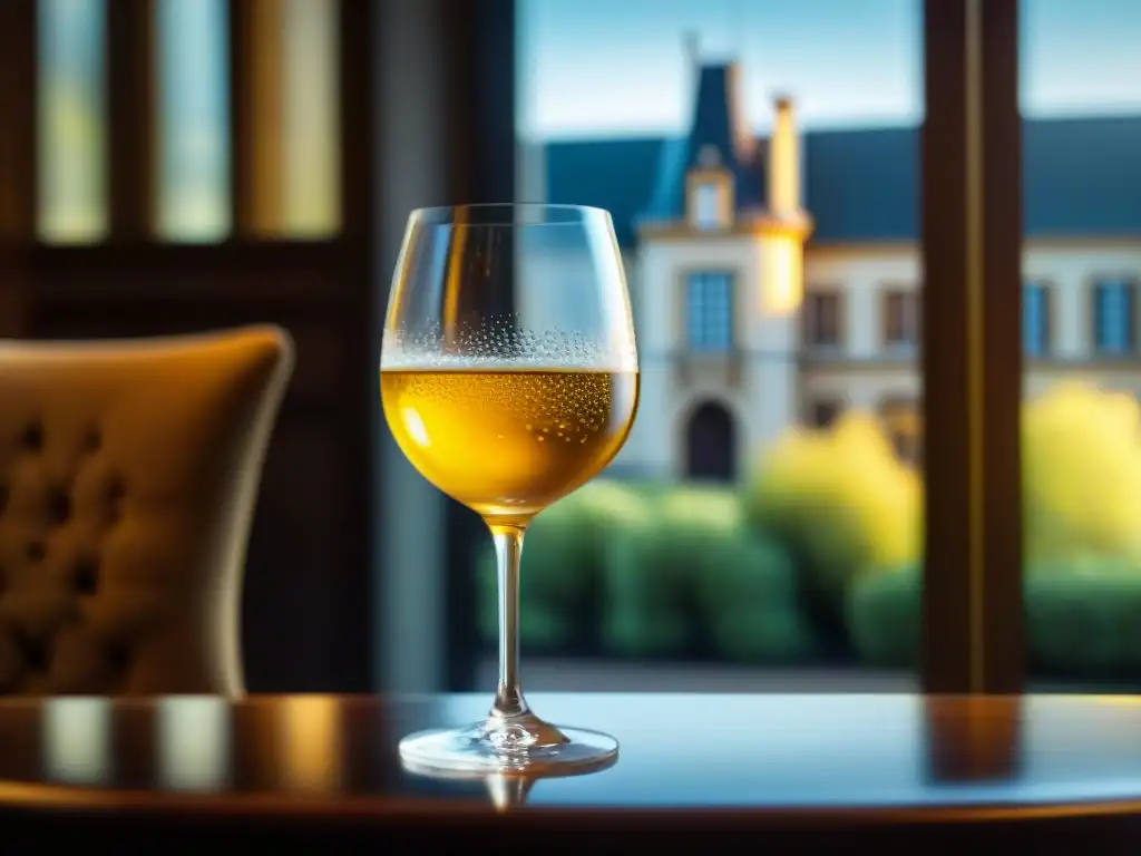 Suntuoso vino Sauternes en copa de cristal, en elegante entorno gastronómico francés