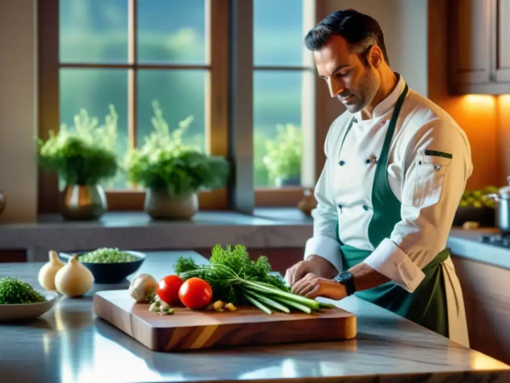 Una tabla de cortar exquisitamente adornada con hierbas frescas y verduras en una cocina francesa, iluminada por el sol