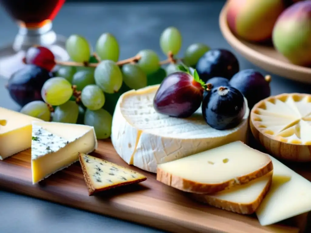 Tabla de quesos de cabra franceses únicos con frutas frescas y hierbas aromáticas