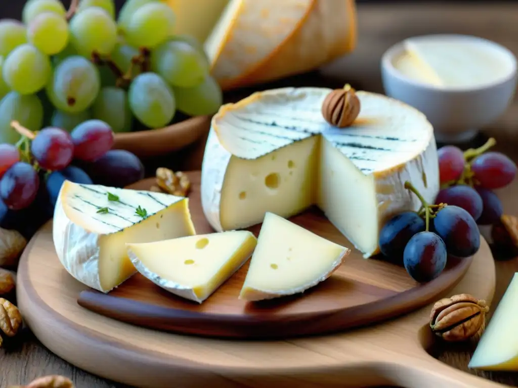 Una tabla de quesos franceses más icónicos sabores: Brie cremoso, Camembert y Roquefort, con uvas frescas, nueces y miel