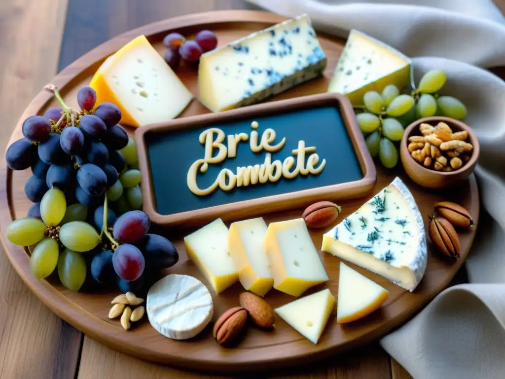 Deliciosa tabla de quesos franceses: Brie, Camembert, Roquefort y Comté Una tabla de quesos franceses para impresionar invitados con Brie, Camembert, Roquefort y Comté, decorada con uvas, higos y miel, en una presentación elegante y sofisticada iluminada por la luz natural