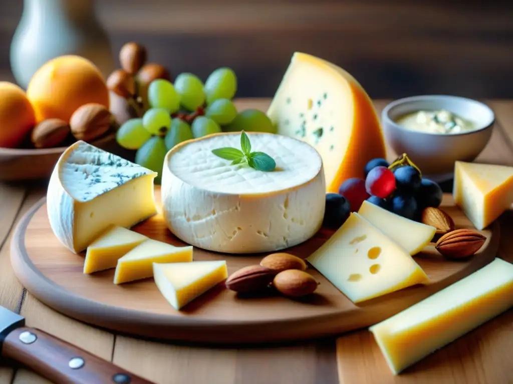 Delicias francesas: tabla de quesos artesanales Tabla de quesos franceses para impresionar invitados con Brie, Camembert, Roquefort y Comté, junto a frutas y nueces