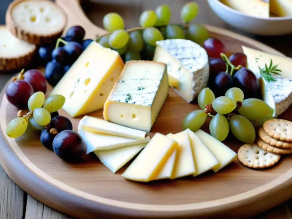 Tabla de quesos franceses originales: una elegante selección de Brie, Camembert, Roquefort y Comté, con uvas y nueces en tabla de madera rústica