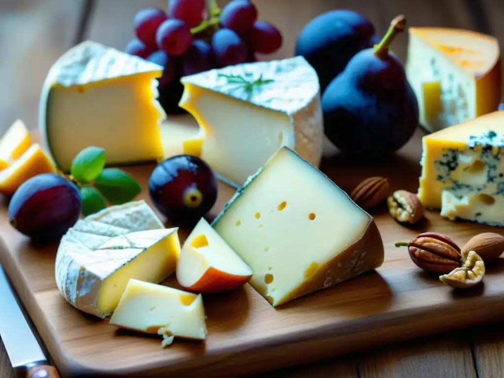 Tabla de quesos franceses para recetas caseras con Brie, Roquefort, Comté y Camembert, acompañados de uvas, higos y nueces