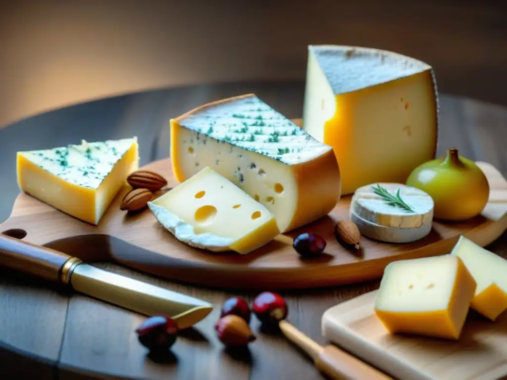 Tabla de quesos franceses recomendados para comprar, con Camembert, Brie, Roquefort y Comté, frutas y nueces