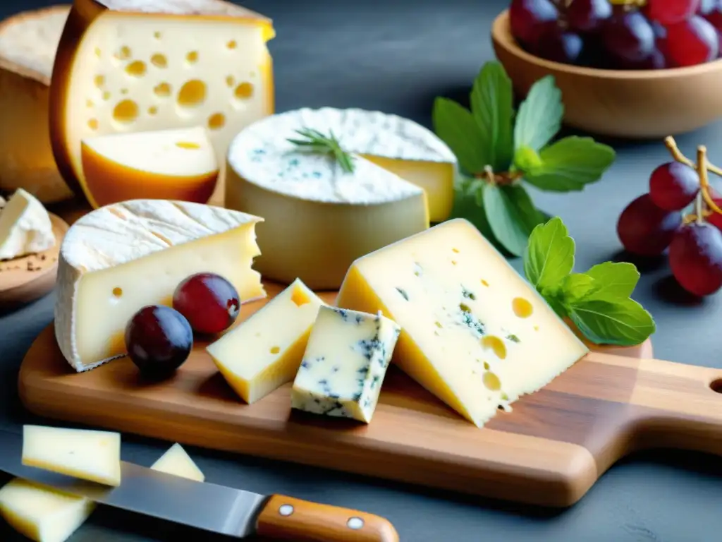 Tabla de quesos franceses recomendados para cata: Brie, Camembert, Roquefort y Comté con uvas, galletas y hierbas frescas