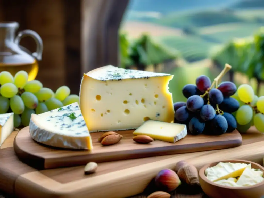 Una tabla de quesos franceses rodeada de uvas, higos y nueces, sobre un tablero de madera rústico con viñedo francés al fondo