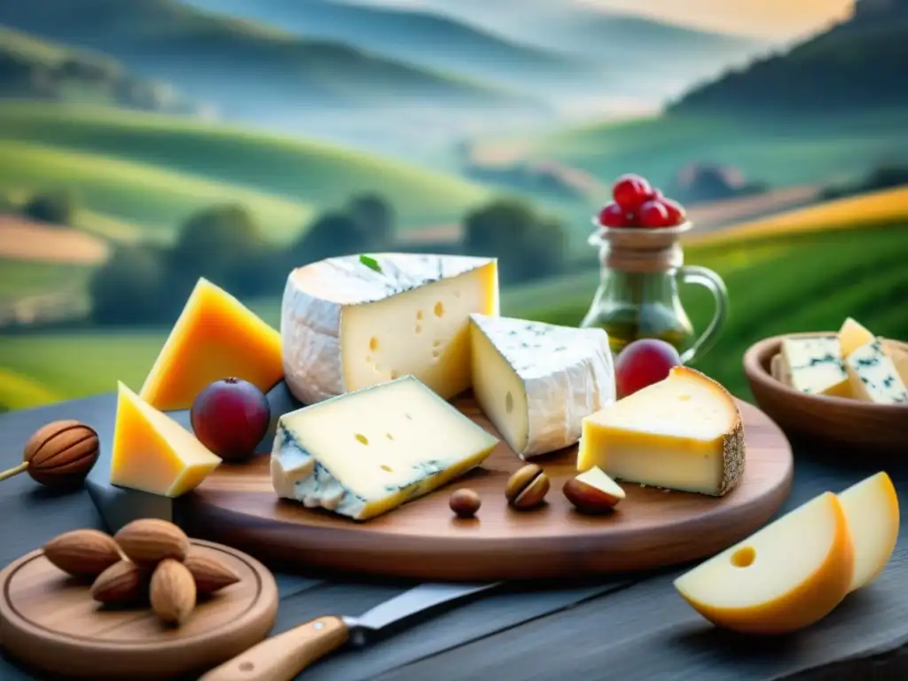 Una tabla de quesos franceses tradicionales y deliciosos, con Brie, Roquefort, Comté y Camembert, frutas frescas, nueces y pan crujiente