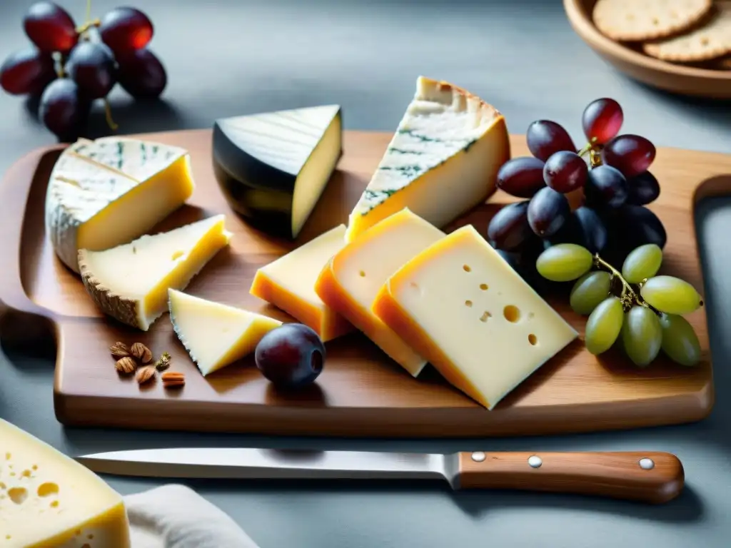 Una tabla de quesos de Munster en Lorena, con rebanadas de diferentes edades, uvas rojas y miel dorada