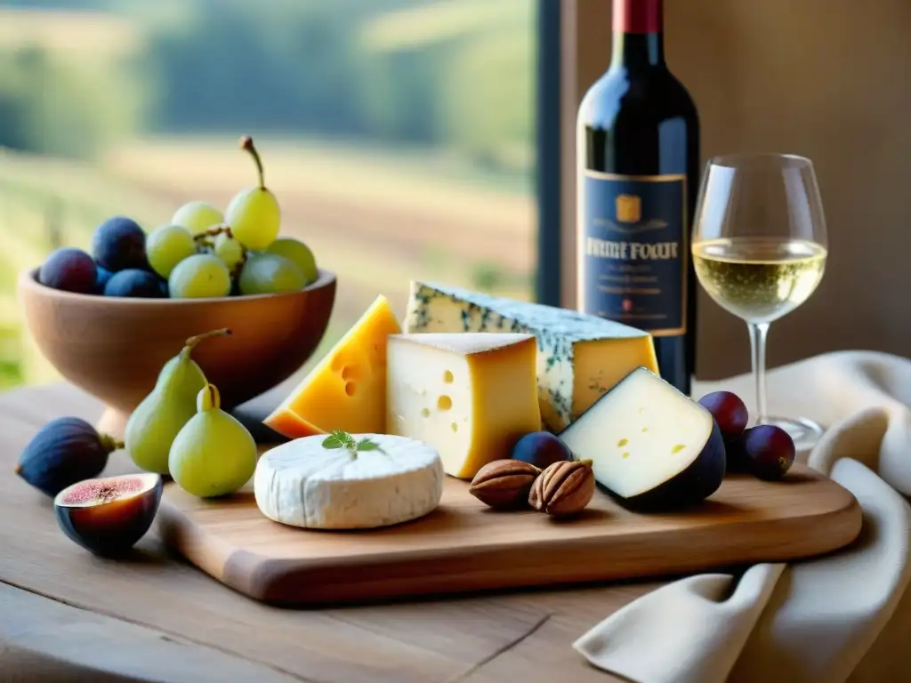 Una tabla de quesos y vinos franceses tradicionales en una elegante presentación ante un viñedo al sol