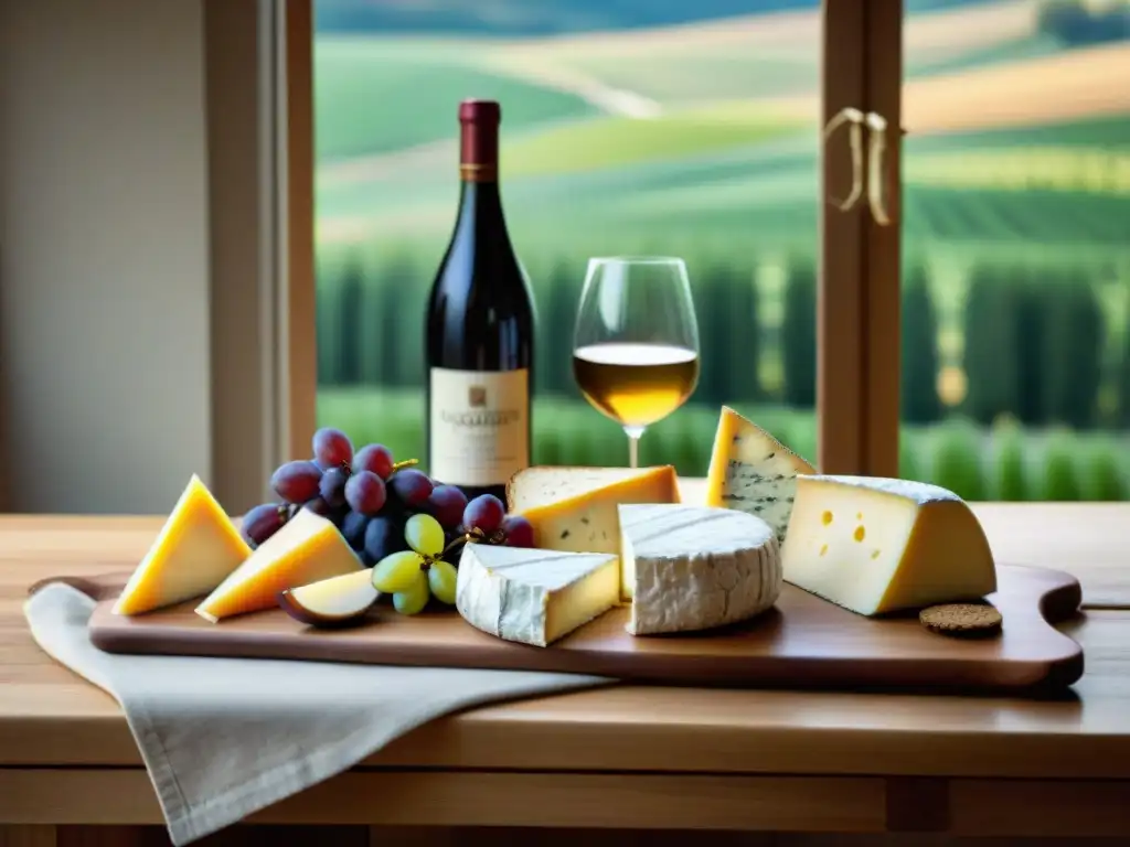 Una tabla de quesos y vinos franceses tradicionales en una cocina acogedora de campo