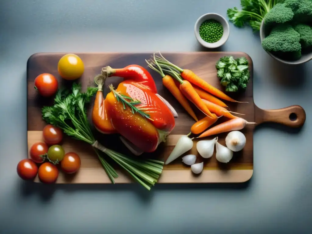 Una tabla de cortar rústica llena de ingredientes frescos para receta caldo francés casero auténtico