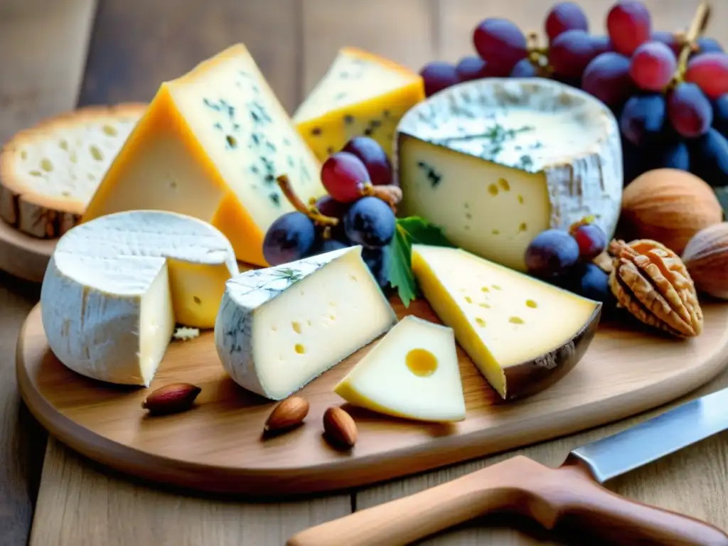 Una tabla rústica con quesos franceses clásicos como Brie, Camembert, Roquefort y Comté, acompañados de uvas, higos, galletas y nueces