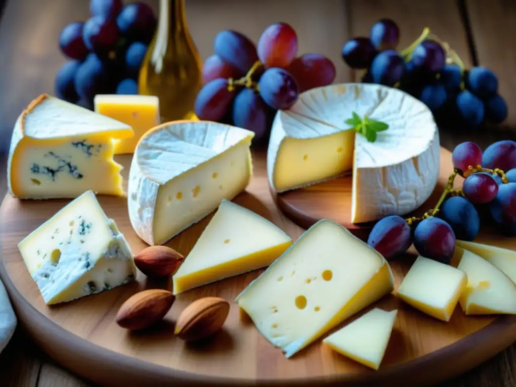 Una tabla rústica con una variedad de quesos franceses como Camembert, Brie, Roquefort y Comté, acompañados de uvas, higos y nueces frescas