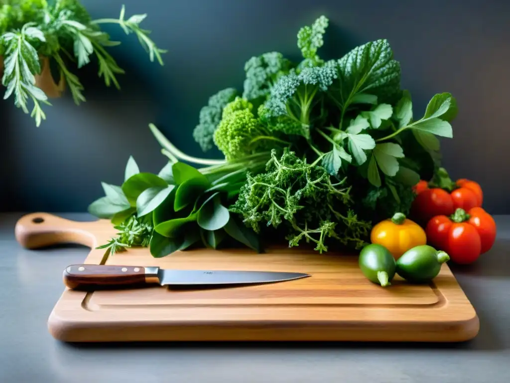 Tablas de cortar cocina francesa con hierbas frescas, verduras y cuchillo de chef en entorno rústico