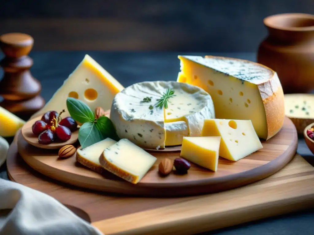 Un tablero de queso de madera con una selección de quesos francoitalianos innovadores, frutas secas, nueces y pan artesanal