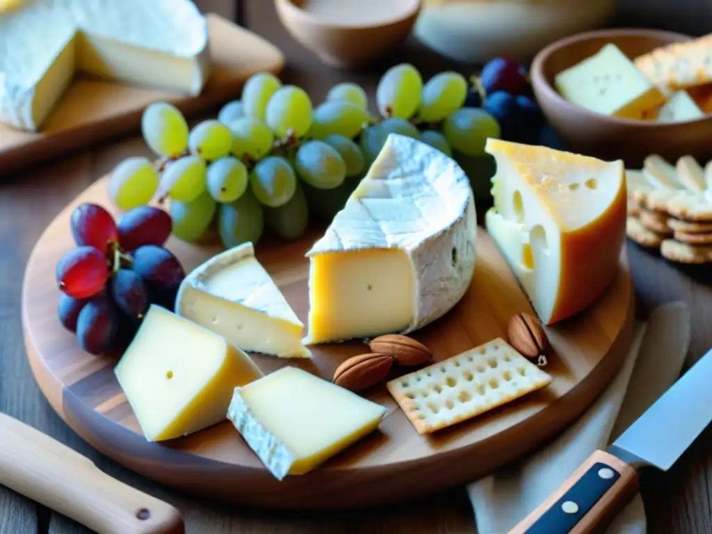 Delicatessen de quesos franceses y exquisiteces en tabla de madera Tablero de quesos francés con Brie, Camembert, Roquefort y Comté, uvas, crackers y miel