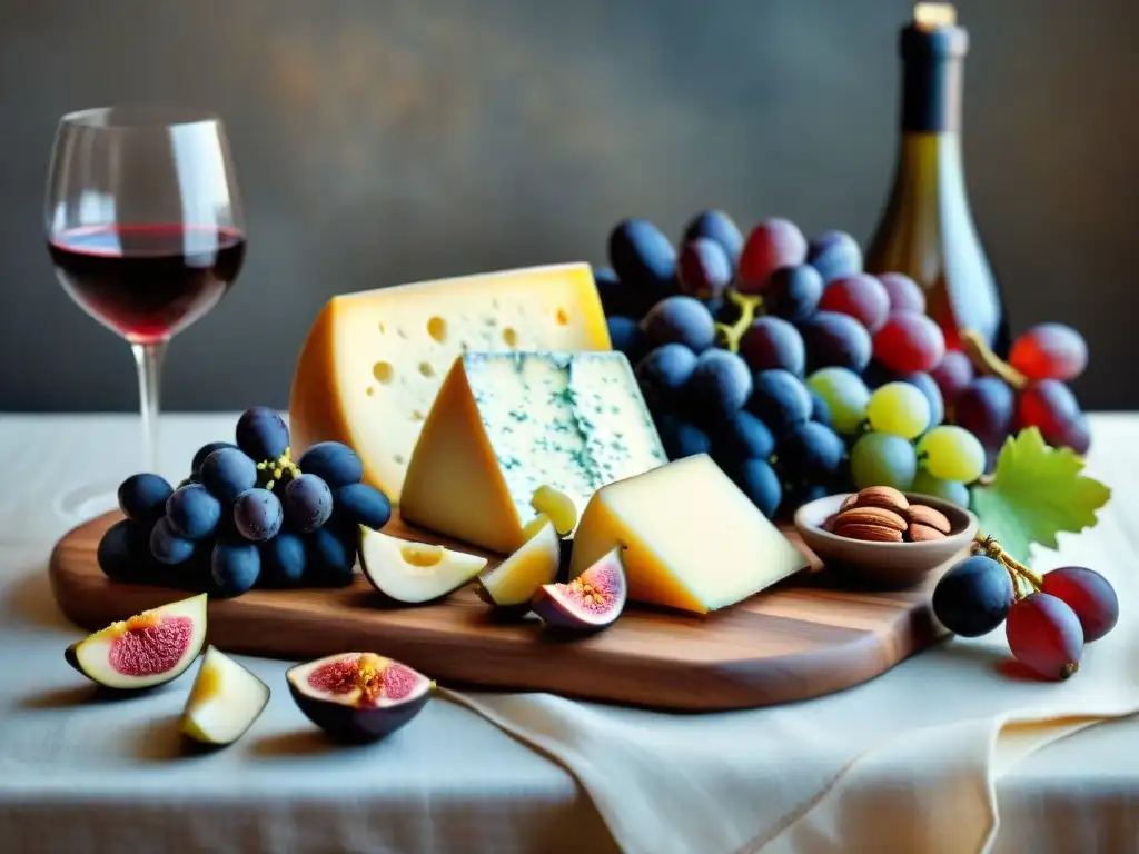 Tablero rústico de queso Boursin con frutas y vinos elegantes