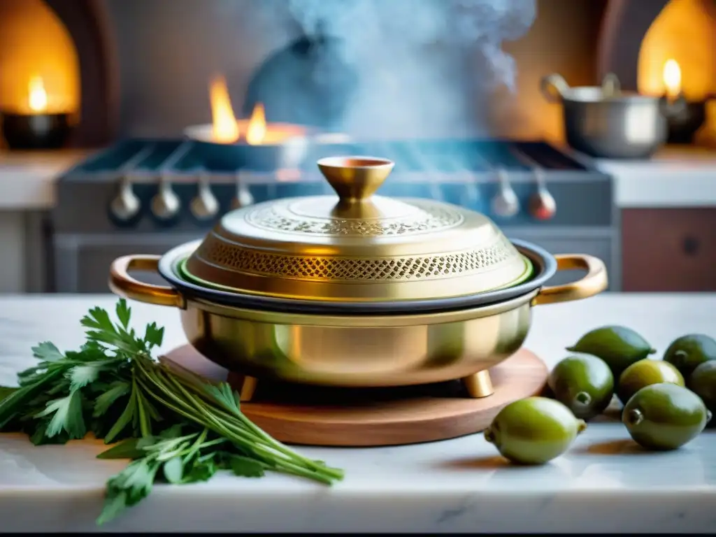 Un tagine de latón marroquí decorado, rebosante de un guiso de carne aromático