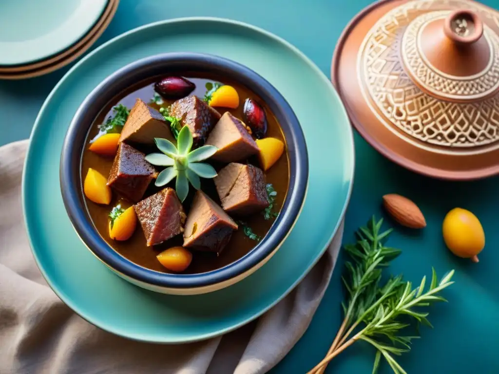 Un tagine marroquí con cordero árabe francés, almendras y frutas secas en un pot de barro pintado a mano