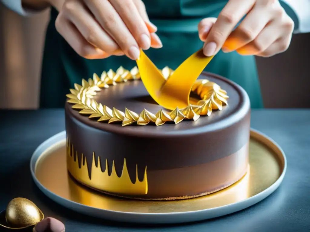 El talento de un chef de repostería francés en técnicas avanzadas, decorando con hojas de oro un exquisito pastel de mousse de chocolate oscuro