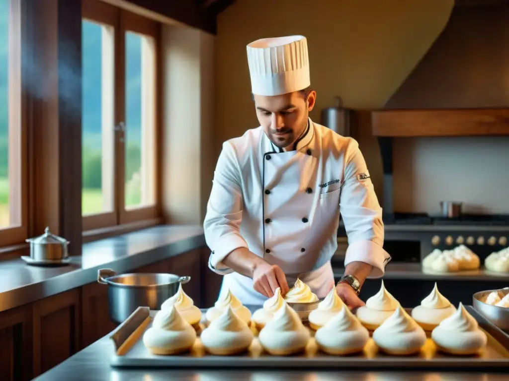 Un talentoso chef pastelero en RódanoAlpes elaborando un Merveilleux du Vercors