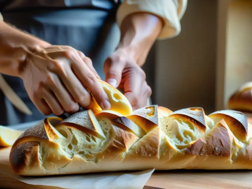 Tallado artístico en pan francés: Detalle de un panadero tallando diseños intrincados en una baguette recién horneada