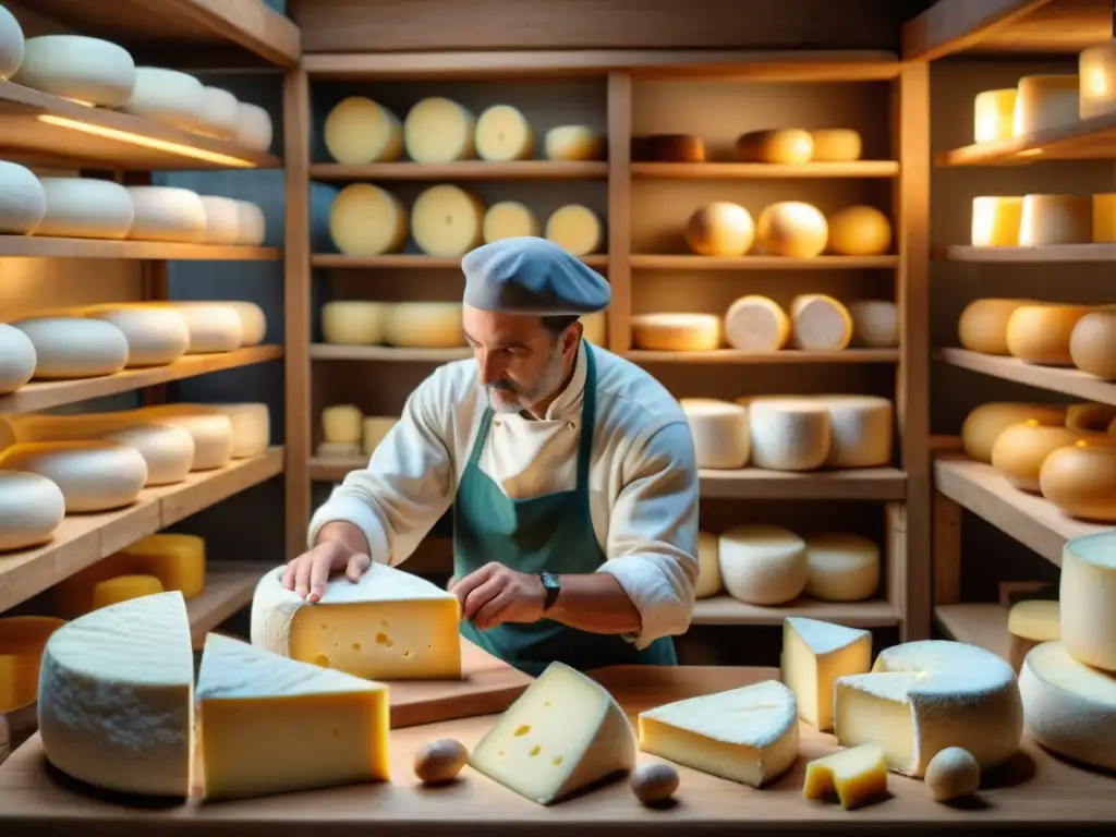 Un taller artesanal de queso tradicional en Francia, con artesanos creando ruedas de queso en un ambiente lleno de historia y tradición