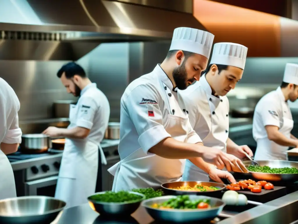 Un taller de cocina con chefs Michelin guiando a chefs aspirantes en la preparación de exquisitos platillos con precisión y pasión