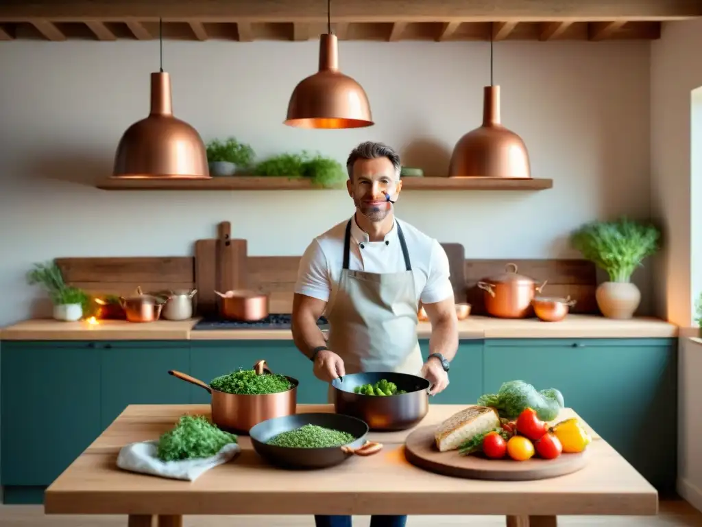 Un taller de cocina francesa acogedor con ingredientes frescos y chef enseñando, ambiente cálido y profesional