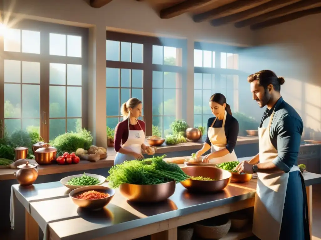 Un taller culinario francés personalizado con participantes diversos cocinando y aprendiendo juntos en un ambiente cálido y acogedor