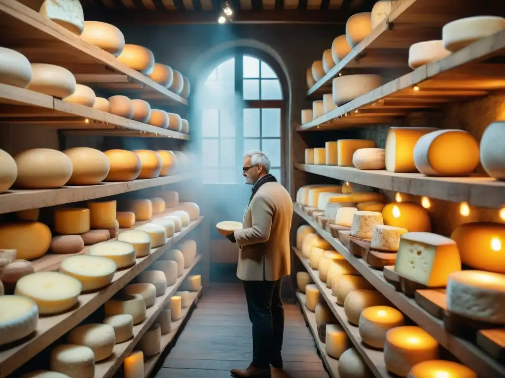 Un taller histórico de quesos artesanales franceses, con maestro quesero inspeccionando una rueda de queso en ambiente rústico y tradicional