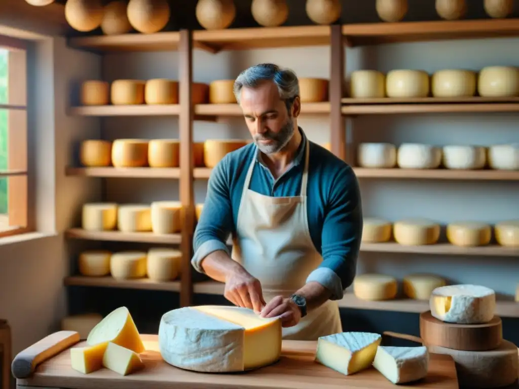 Un taller de queso francés artesanal, donde un maestro quesero crea con precisión una rueda de Brie cremoso