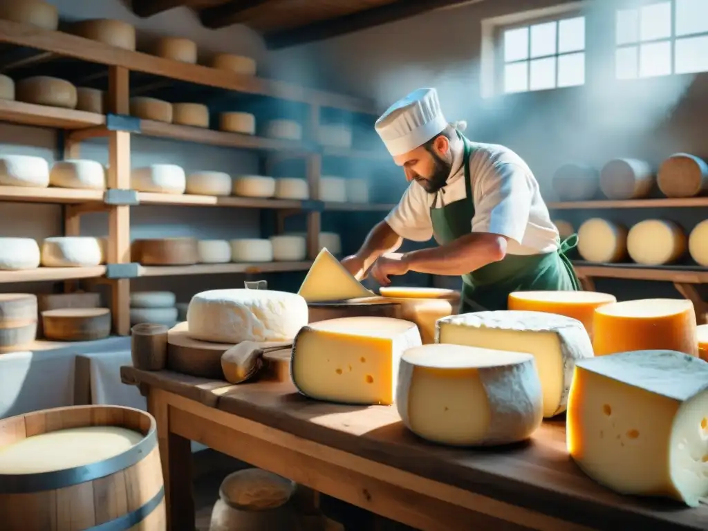 Un taller de quesos francés tradicional muestra artesanos elaborando quesos con técnicas ancestrales