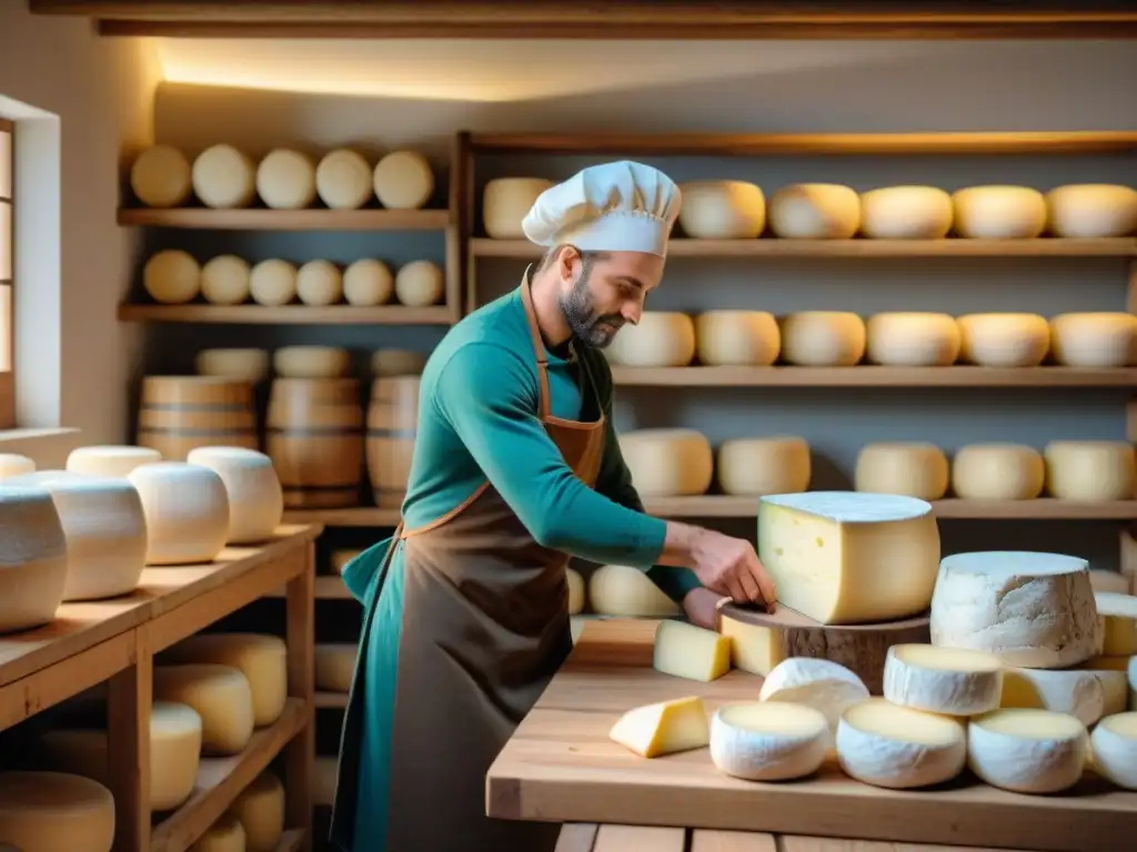 Taller tradicional de quesos franceses con artesanos elaborando brie y camembert