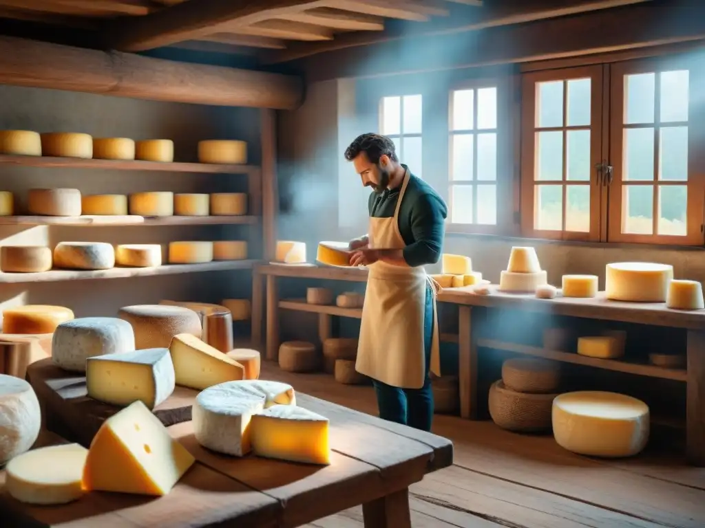 Talleres artesanales de queso tradicional en Francia: escena detallada de artesanos elaborando exquisitos quesos a mano en un taller rústico