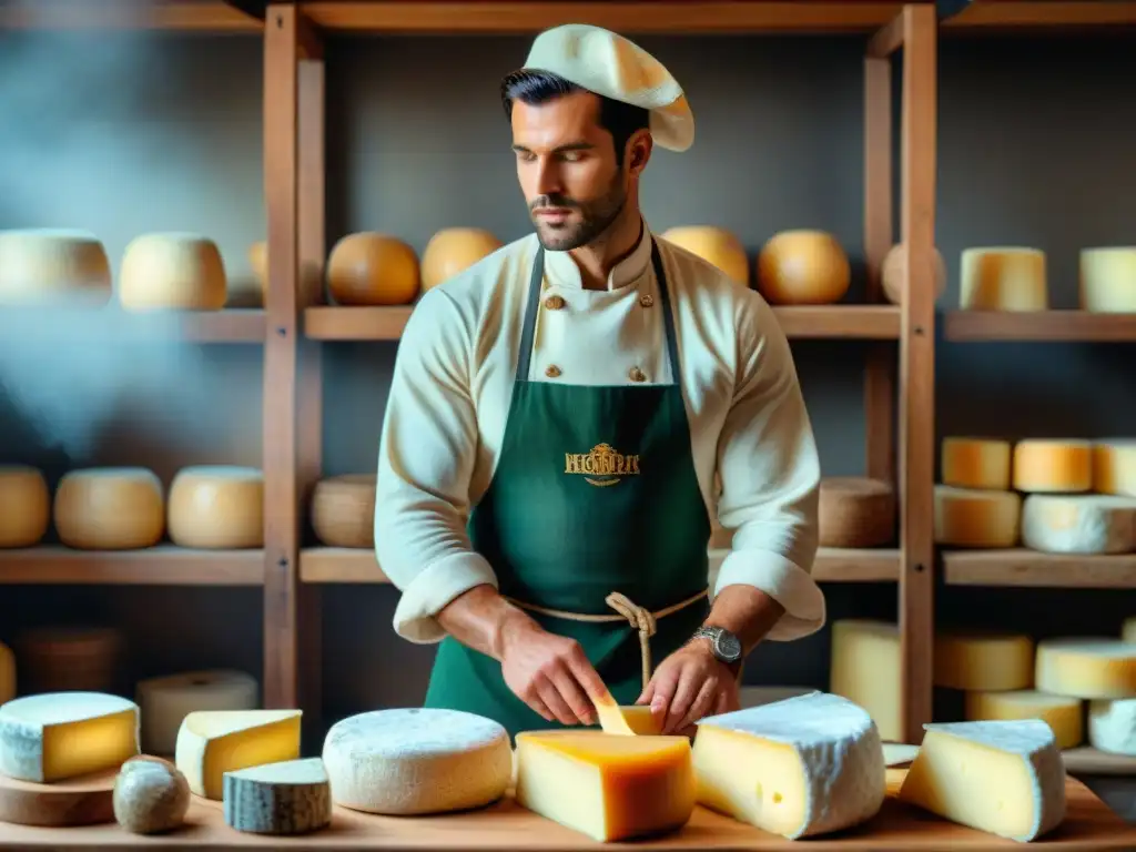 Talleres artesanales de queso tradicional en Francia: artesanos elaborando quesos en estantes de madera con paja, ambiente rústico y tradicional