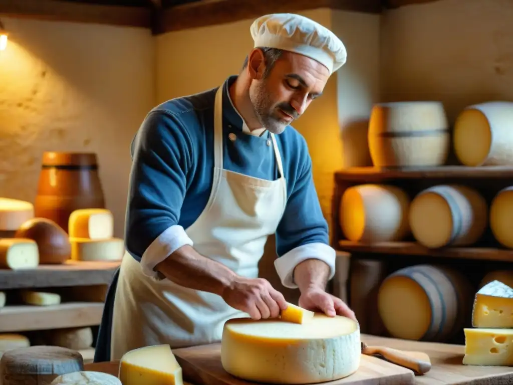 Talleres artesanales de queso tradicional en Francia: un maestro quesero elaborando un gran queso en un taller rústico